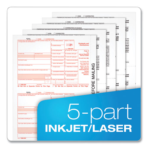 1099-div Tax Forms For Inkjet/laser Printers, Fiscal Year: 2022, Five-part Carbonless, 8 X 5.5, 2 Forms/sheet, 24 Forms Total