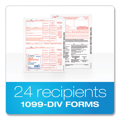 1099-div Tax Forms For Inkjet/laser Printers, Fiscal Year: 2022, Five-part Carbonless, 8 X 5.5, 2 Forms/sheet, 24 Forms Total