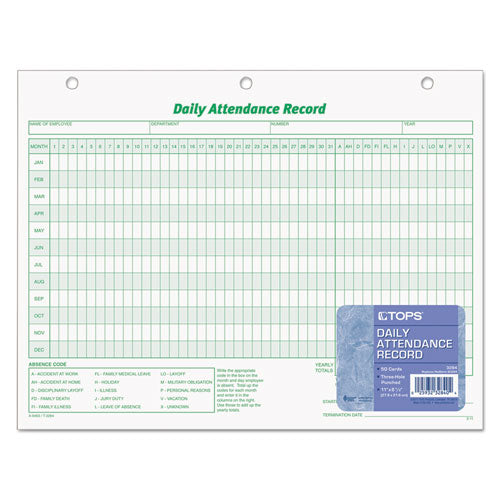 Daily Attendance Card, One-part (no Copies), 11 X 8.5, 50 Forms Total