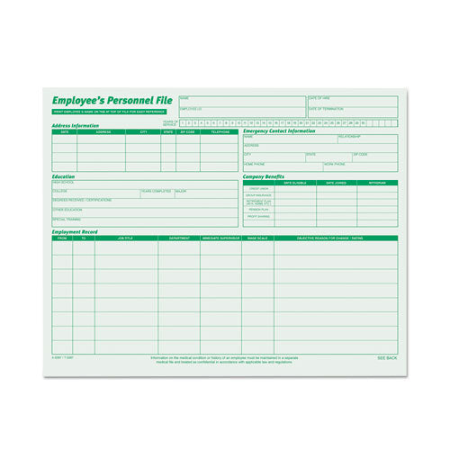 Employee's Record File Folder, Straight Tabs, Letter Size, Index Stock, Green, 20/pack