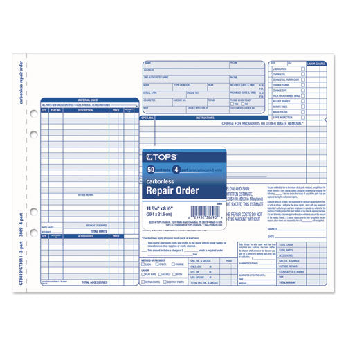 Auto Repair Four-part Order Form, Four-part Carbonless, 11 X 8.5, 50 Forms Total