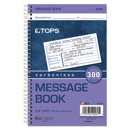 Spiralbound Message Book, Two-part Carbonless, 5 X 2.83, 3 Forms/sheet, 300 Forms Total