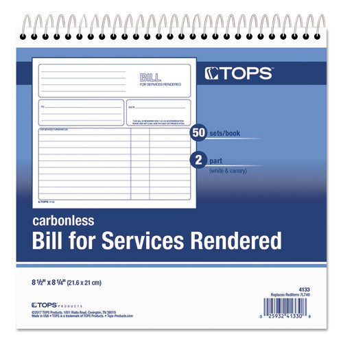 Bill For Services Rendered Book, Two-part Carbonless, 8.5 X 7.75, 50 Forms Total