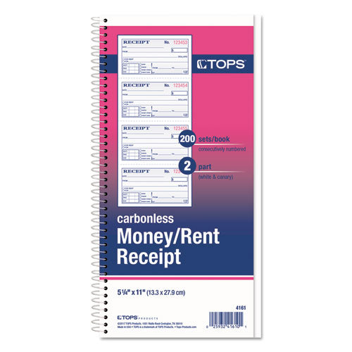Spiralbound Money And Rent Receipt Book, Two-part Carbonless, 4.75 X 2.75, 4 Forms/sheet, 200 Forms Total