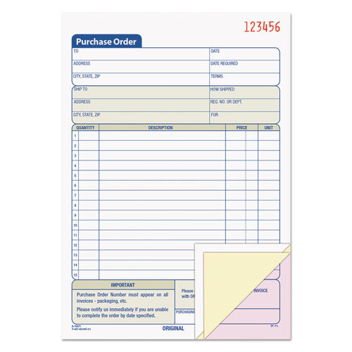 Purchase Order Book, 15 Lines, Three-part Carbonless, 5.56 X 8.44, 50 Forms Total