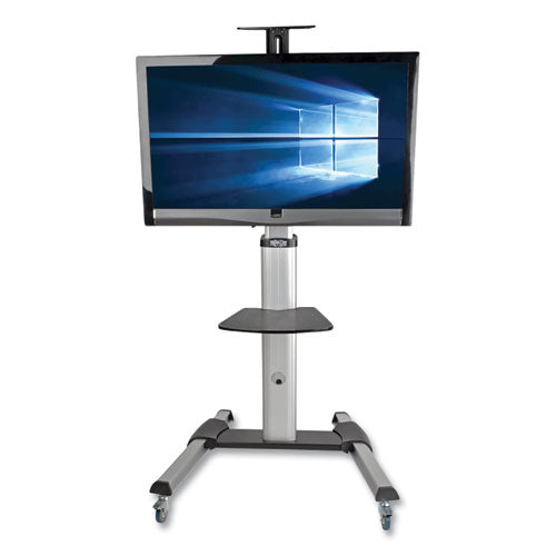 Flat Panel Floor Stand, Tilt Range: -12° To +5°, Metal, 1 Shelf, 110 Lb Capacity, 32.6" X 27.6" X 81.5", Silver/black