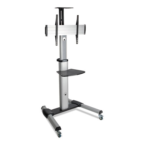 Flat Panel Floor Stand, Tilt Range: -12° To +5°, Metal, 1 Shelf, 110 Lb Capacity, 32.6" X 27.6" X 81.5", Silver/black