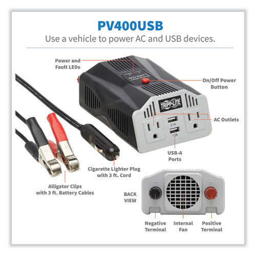 Powerverter Ultra-compact Car Inverter, 400 W, Two Ac Outlets/two Usb Ports, 3.1 A