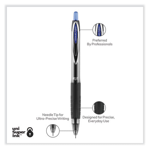 Signo 207 Needle Point Gel Pen, Retractable, Medium 0.7 Mm, Blue Ink, Black Barrel, Dozen