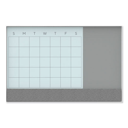 3n1 Magnetic Glass Dry Erase Combo Board, Monthly Calendar, 24 X 18, White/gray Surface, White Aluminum Frame