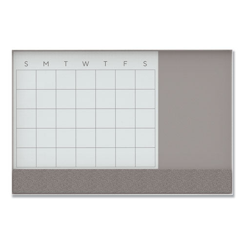 3n1 Magnetic Glass Dry Erase Combo Board, Monthly Calendar, 36 X 24, White/gray Surface, White Aluminum Frame