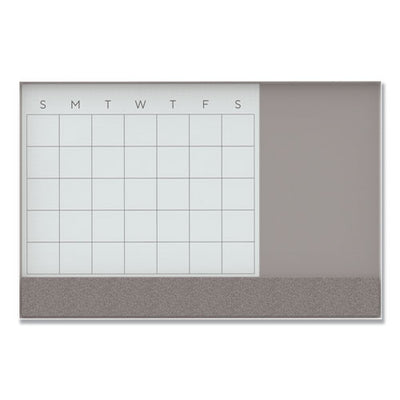 3n1 Magnetic Glass Dry Erase Combo Board, Monthly Calendar, 48 X 36, White/gray Surface, White Aluminum Frame