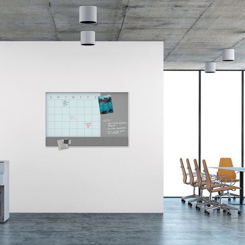 3n1 Magnetic Glass Dry Erase Combo Board, Monthly Calendar, 48 X 36, White/gray Surface, White Aluminum Frame