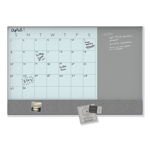 3n1 Magnetic Glass Dry Erase Combo Board, Monthly Calendar, 48 X 36, White/gray Surface, White Aluminum Frame