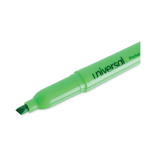 Pocket Highlighters, Fluorescent Green Ink, Chisel Tip, Green Barrel, Dozen