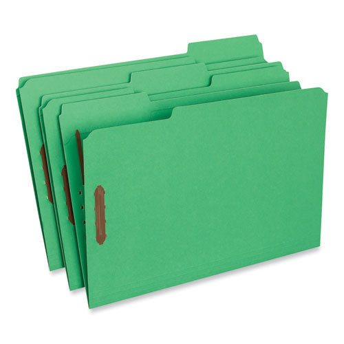 Deluxe Reinforced Top Tab Fastener Folders, 0.75" Expansion, 2 Fasteners, Legal Size, Green Exterior, 50/box