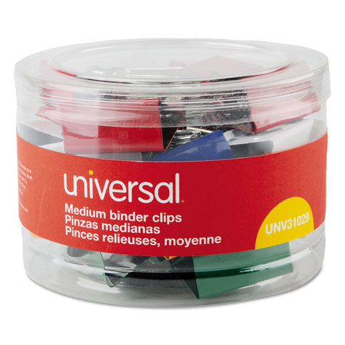Binder Clips With Storage Tub, (12) Mini (0.5"), (12) Small (0.75"), (6) Medium (1.25"), Assorted Colors