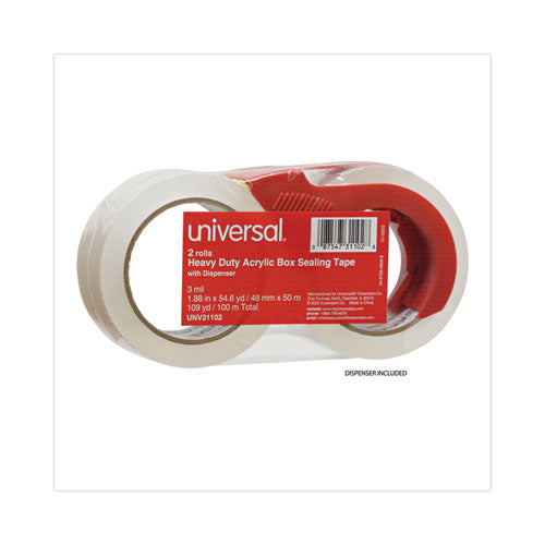 Heavy-duty Acrylic Box Sealing Tape With Dispenser, 3" Core, 1.88" X 54.6 Yds, Clear, 2/pack
