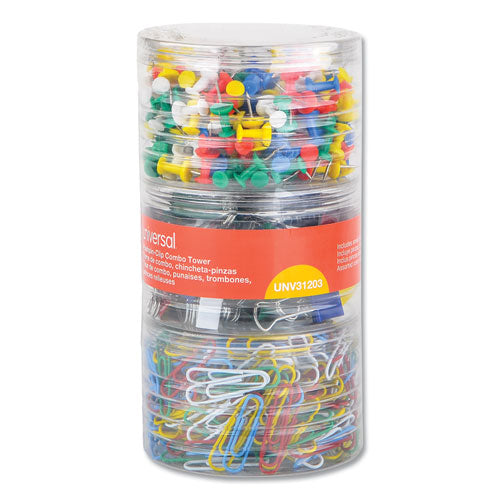 Combo Clip Pack With 3-tier Organizer Tub, (380) Small Paper Clips, (280) Push Pins, (46) Small Binder Clips, Assorted Colors
