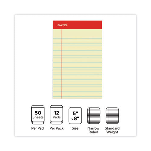 Perforated Ruled Writing Pads, Narrow Rule, Red Headband, 50 Canary-yellow 5 X 8 Sheets, Dozen