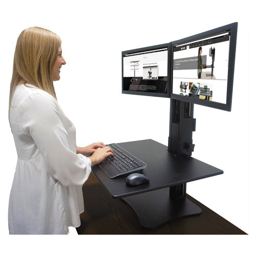 High Rise Dual Monitor Standing Desk Workstation, 28" X 23" X 10.5" To 15.5", Black