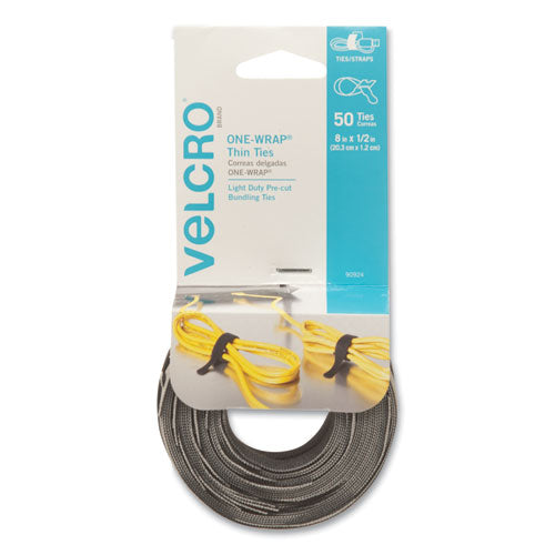 One-wrap Pre-cut Thin Ties, 0.5" X 8", Black, 50/pack