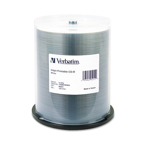 Cd-r Printable Recordable Disc, 700 Mb, 52x, Spindle, White, 100/pack