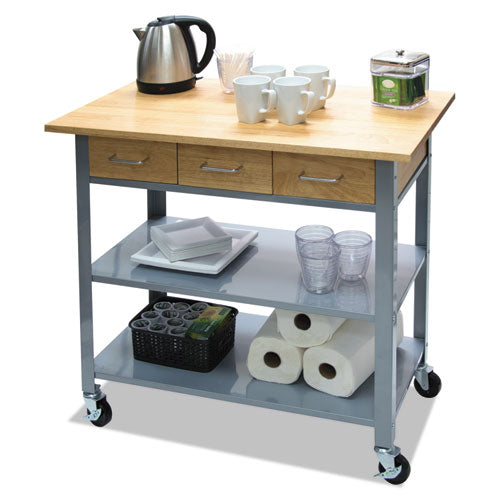 Countertop Serving Cart, Wood, 3 Shelves, 3 Drawers, 35.5" X 19.75" X 34.25", Oak/gray