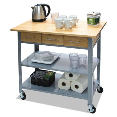 Countertop Serving Cart, Wood, 3 Shelves, 3 Drawers, 35.5" X 19.75" X 34.25", Oak/gray