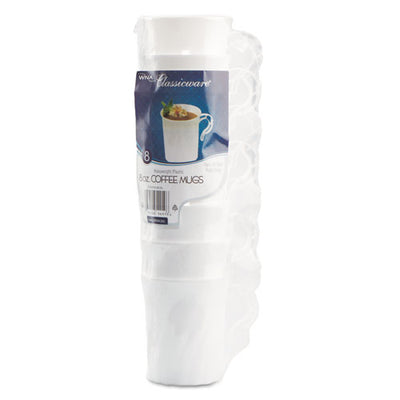 Classicware Plastic Coffee Mugs, 8 Oz, White, 8 Pack, 24 Packs/carton