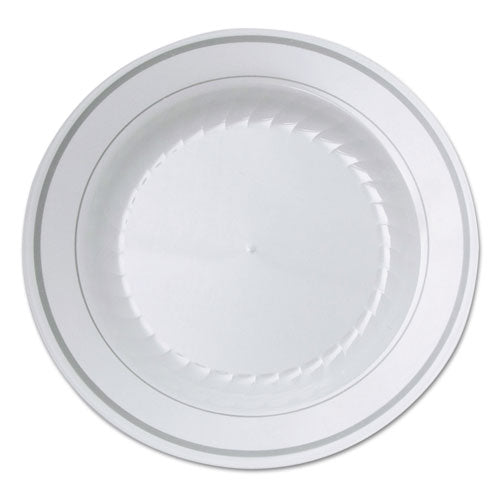 Masterpiece Plastic Plates, 9" Dia, White/silver, 10/pack, 12 Packs/carton