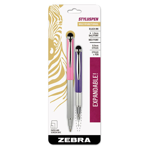 Styluspen Telescopic Ballpoint Pen/stylus, Retractable, Medium 1 Mm, Black Ink, Blue/gray Barrel, 2/pack