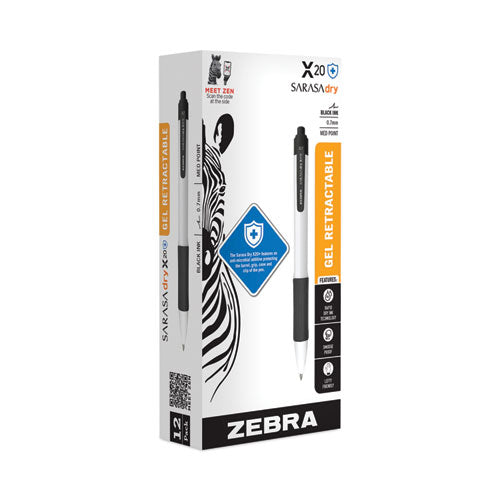 Sarasa Dry X20+ Gel Pen, Retractable, Fine 0.7 Mm, Black Ink, White Barrel, Dozen